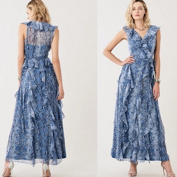 Diane Von Furstenberg DVF Lacey Python Denim Blue Wrap Dress Maxi Snake Ruffle 4 - Picture 1 of 9